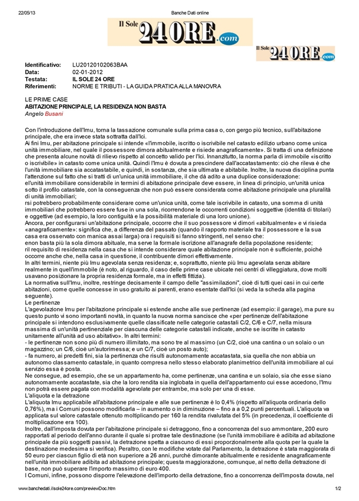 2012 01 02 ABITAZIONE PRINCIPALE, LA RESIDENZA NON BASTA