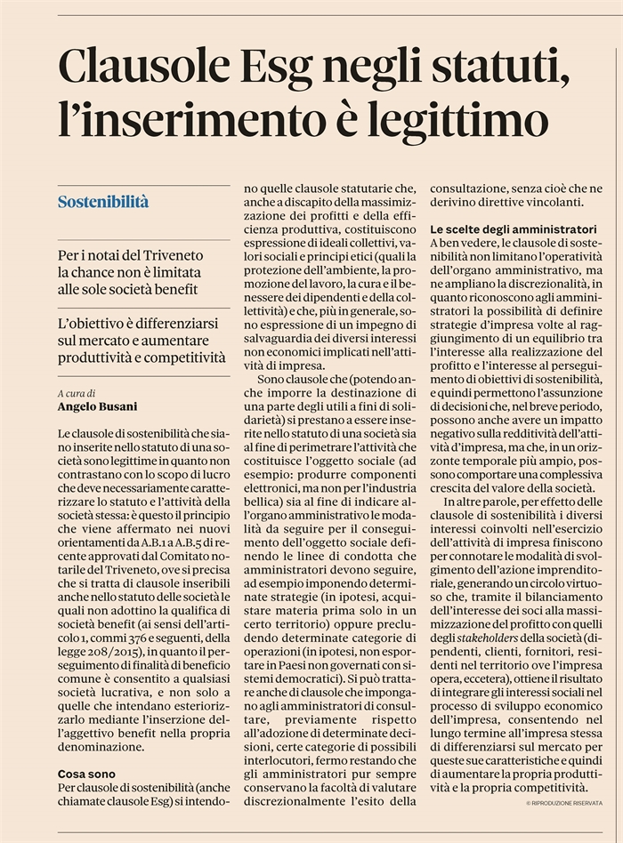 SOCIETA' - Statuti con clausole ESG