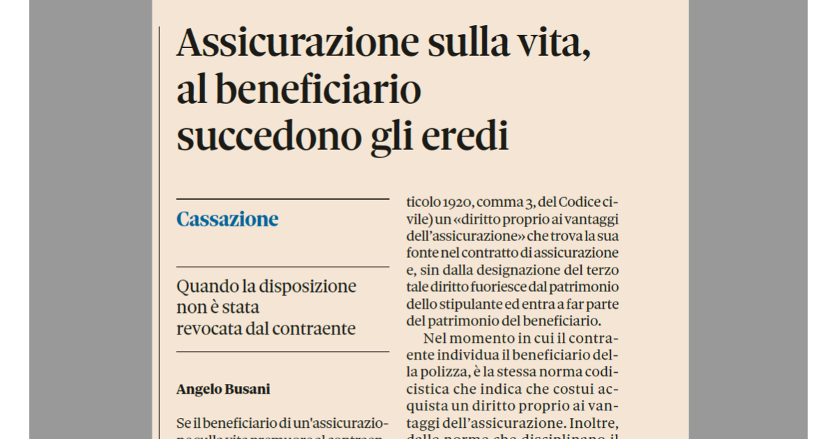 ASSICURAZIONE SULLA VITA Quando il beneficiario premuore al contraente