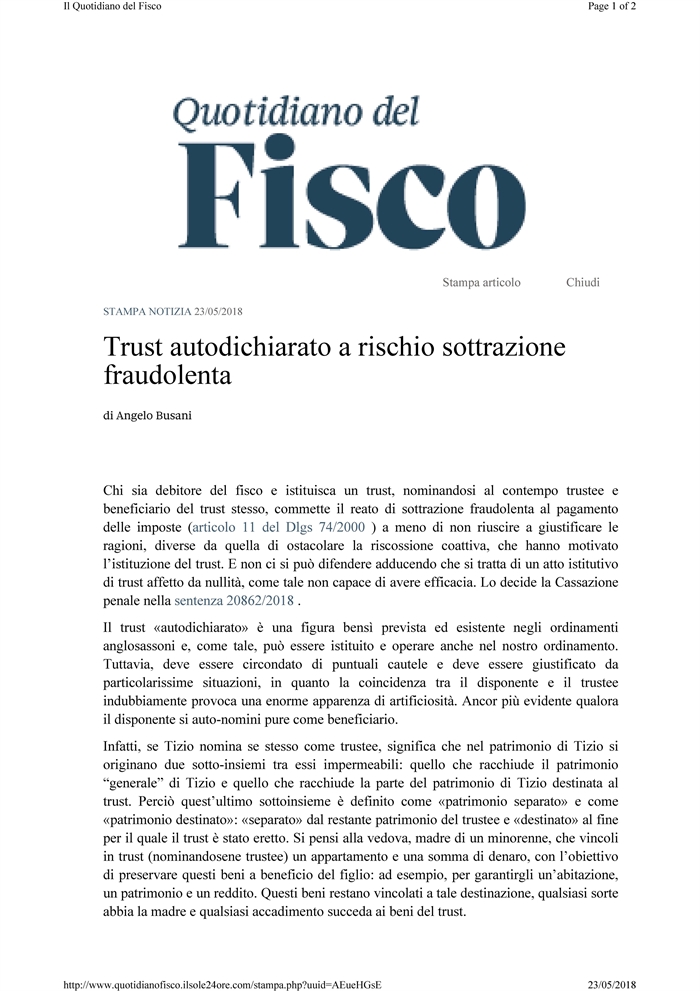 TRUST - Trust autodichiarato e sottrazione fraudolenta all'esecuzione fiscale