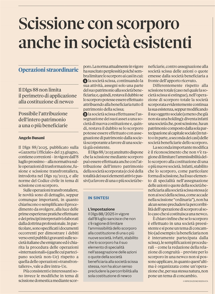 SCISSIONE CON SCORPORO - Ammessa anche in società già costituite