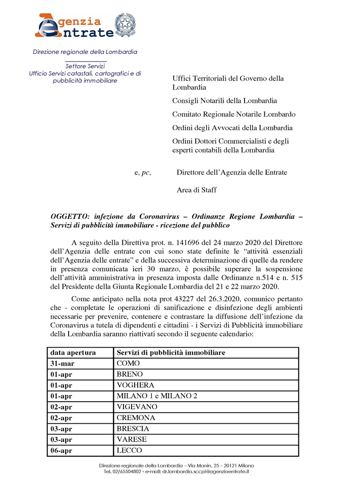 REGISTRI IMMOBILIARI - Riattivati gradualmente in Lombardia