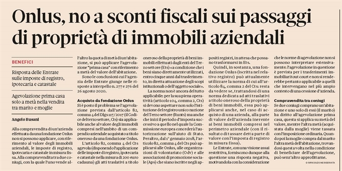CESSIONE D'AZIENDA CON IMMOBILI - No agevolazione se compra l'ONLUS