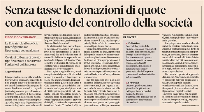 IMPOSTA DI DONAZIONE - C'è esenzione se passa di mano il controllo della società