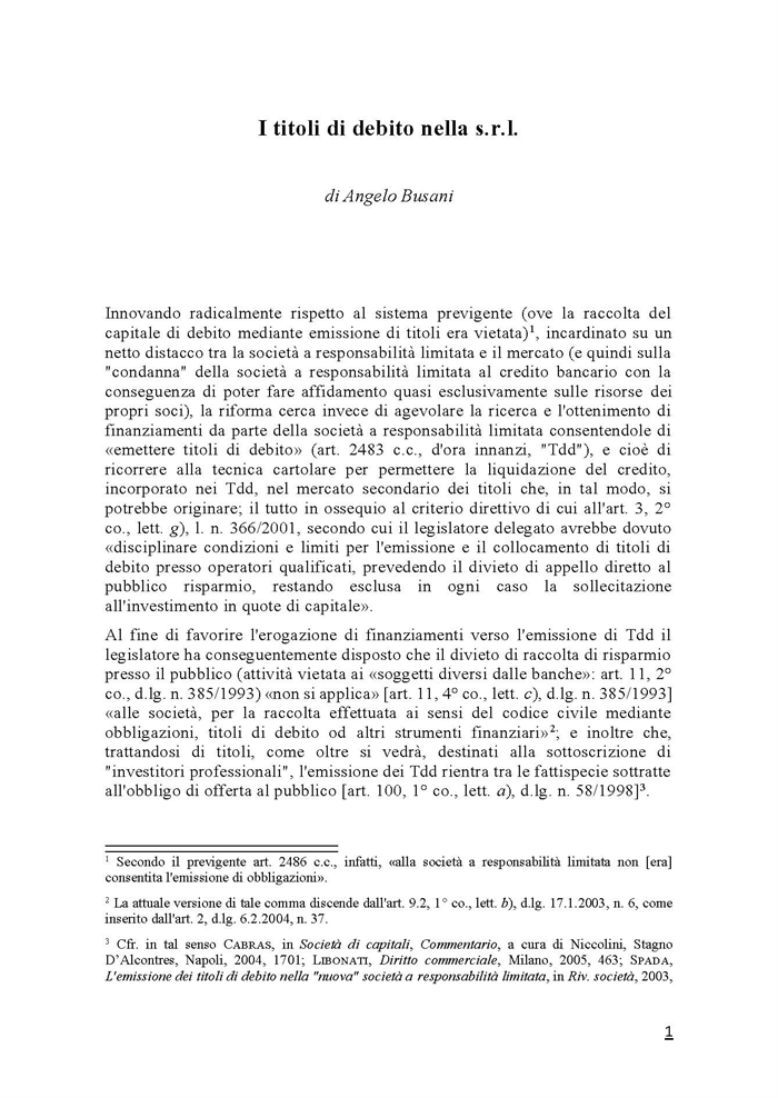 SOCIETA' - I titoli di debito nella S.r.l.