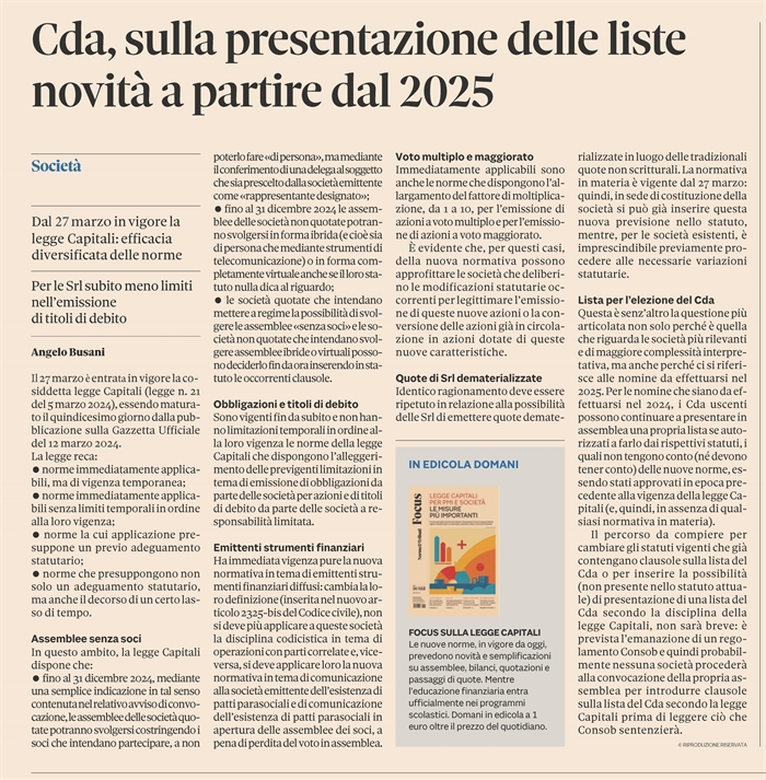 SOCIETA' - Legge Capitali in vigore dal 27 marzo (pagina)