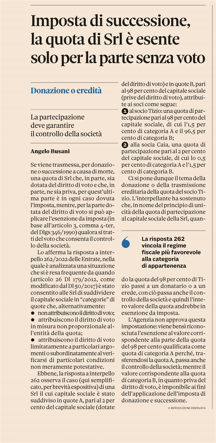 IMPOSTA DI SUCCESSIONE - Quota di Srl senza diritto di voto