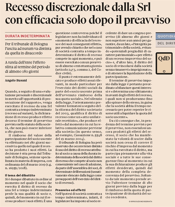 SOCIETA' - Termine di efficacia del recesso da società contratta a tempo indeterminato	