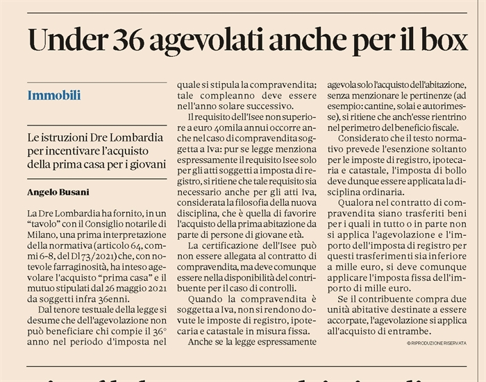 PRIMA CASA - DRE Lombardia risolve alcuni dubbi sull'agevolazione under 36