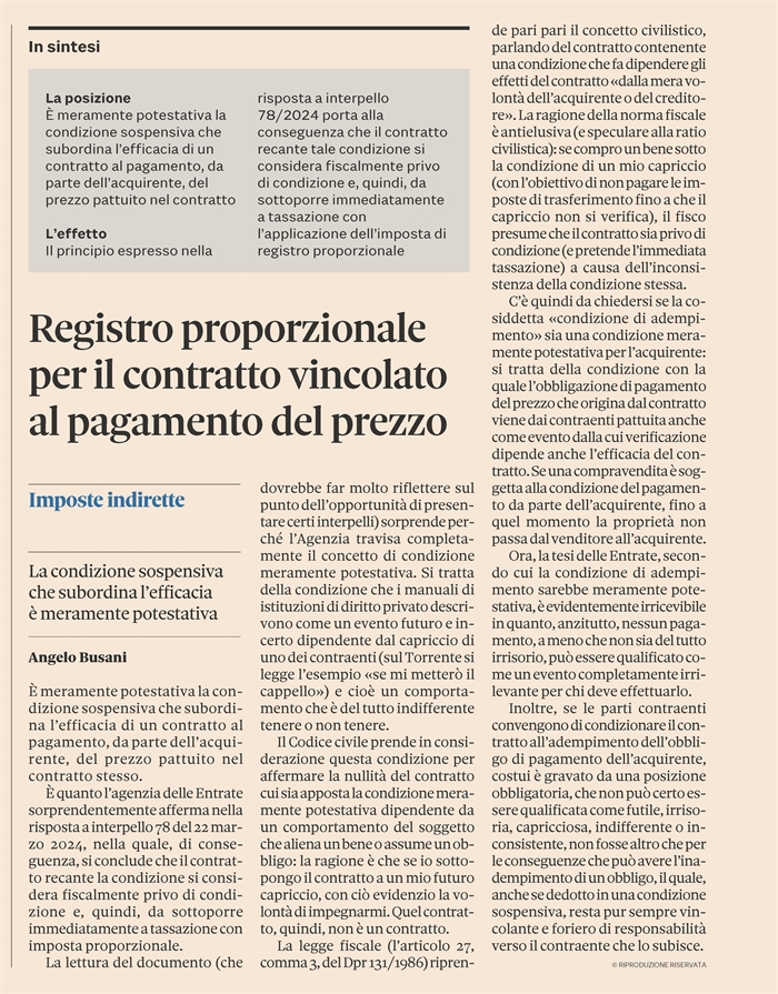 IMPOSTA DI REGISTRO - Contratto condizionato al pagamento del prezzo