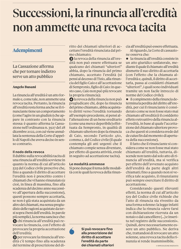RINUNCIA ALL'EREDITA' - Non è concepibile una revoca tacita
