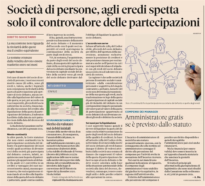 SOCIETA'DI PERSONE - Si deve liquidare la quota del socio defunto