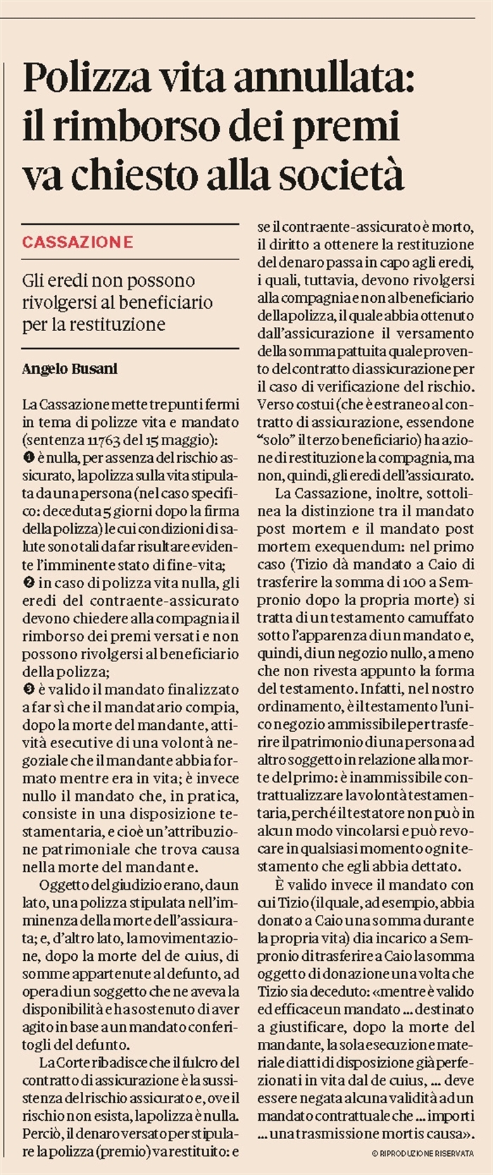 ASSICURAZIONE SULLA VITA - Quando la polizza è nulla per assenza del rischio assicurato