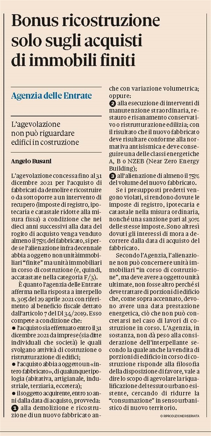ACQUISTO AGEVOLATO DI EDIFICIO DA DEMOLIRE - Solo se poi si vende fabbricato finito