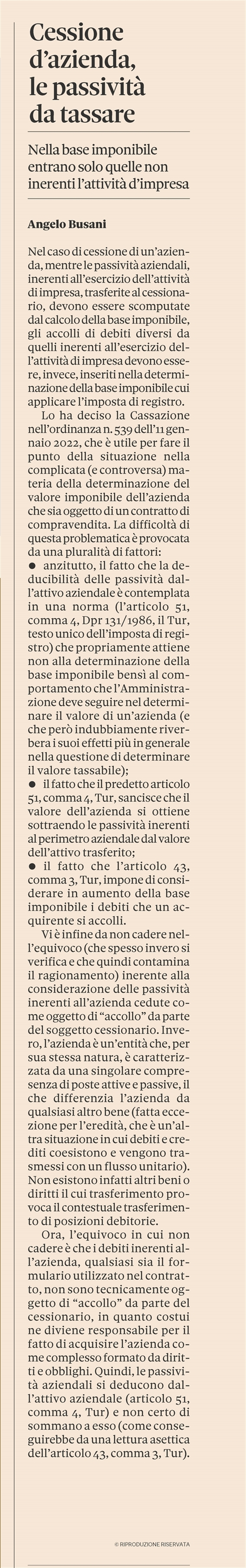 CESSIONE DI AZIENDA - Incidenza delle passività sull'imposta di registro