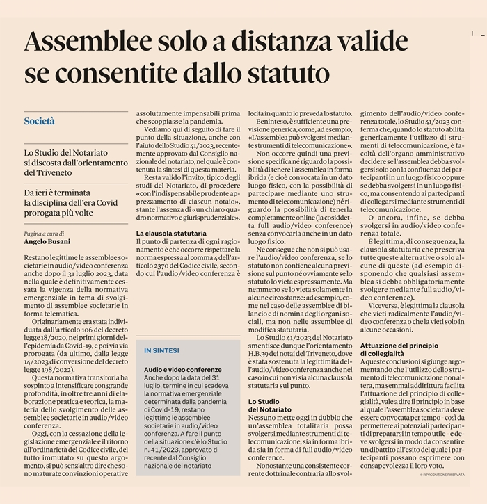 SOCIETA' - Assemblee in audio/video anche post emergenza Covid