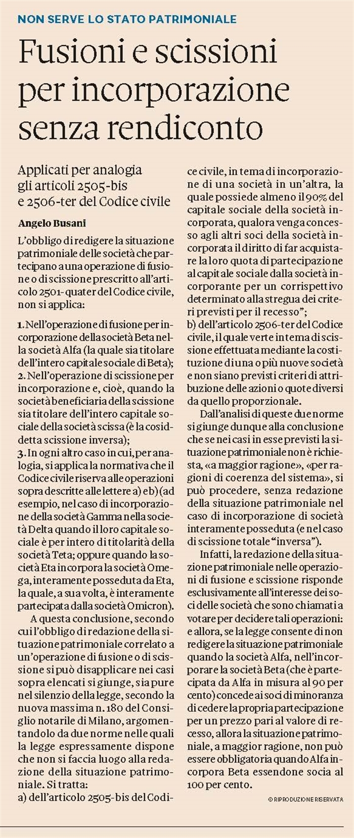 SOCIETA' - Fusioni e scissioni senza situazione patrimoniale