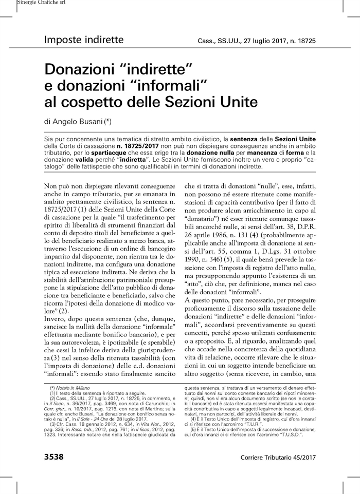 DONAZIONI - La tassazione della donazione 'indiretta' e della donazione 'informale' 