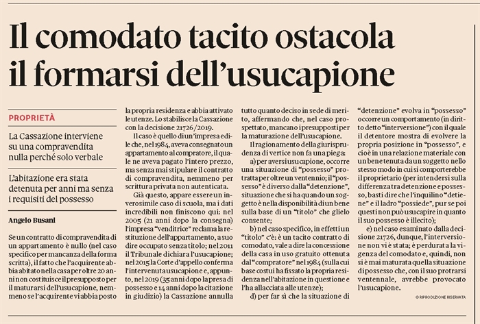 USUCAPIONE - Il comodato non si evolve in usucapione