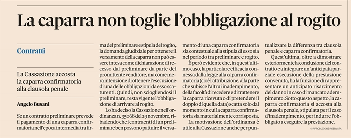 CONTRATTO PRELIMINARE - La richiesta della caparra non vale recesso