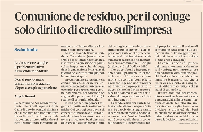 COMUNIONE LEGALE - Comunione de residuo sui beni dell'impresa individuale