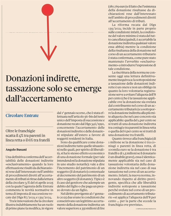 DONAZIONE INDIRETTA - Tassabile solo se c'è accertamento