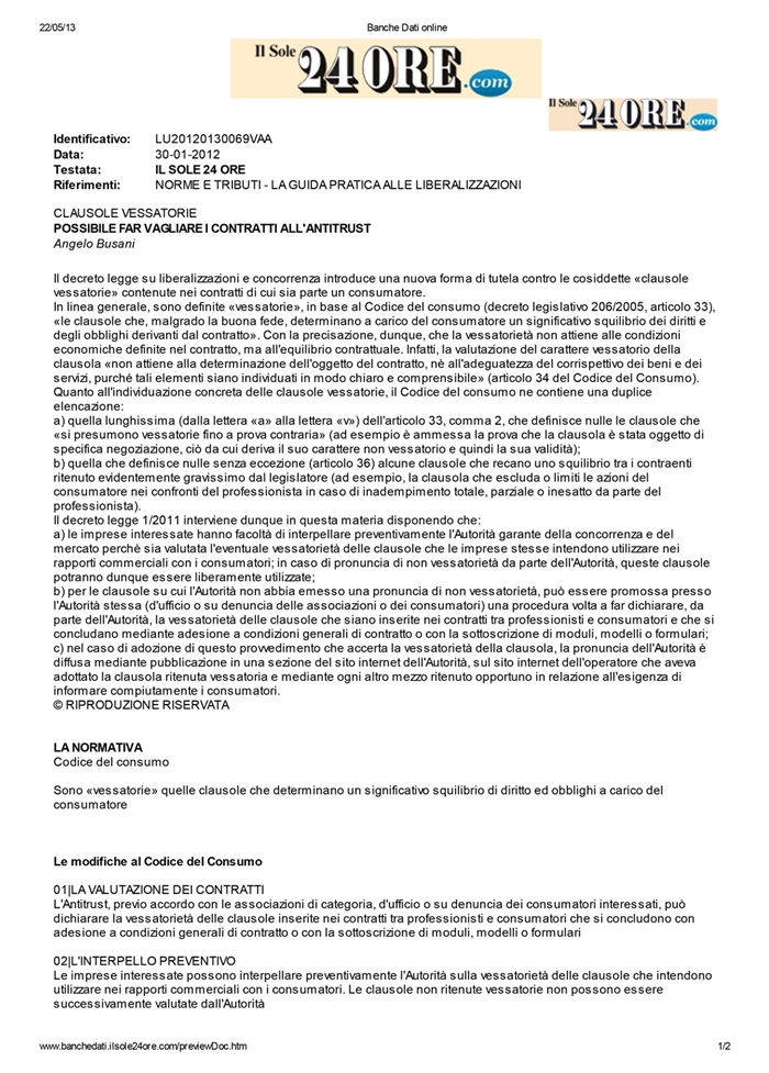 2012 01 30 POSSIBILE FAR VAGLIARE I CONTRATTI ALL'ANTITRUST