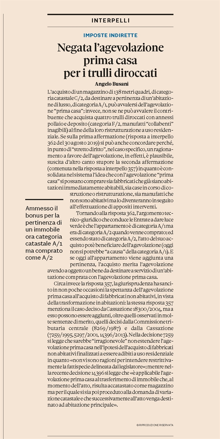 COMPRAVENDITA - No agevolazione "prima casa" per il trullo diroccato