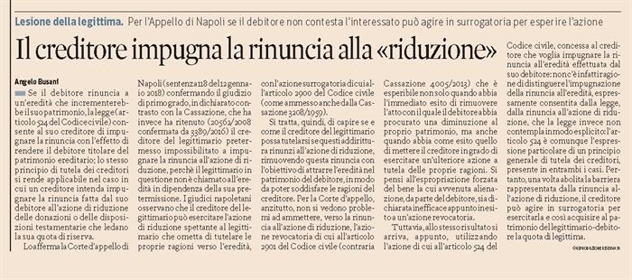 EREDITA' - L'impugnazione della rinuncia all'azione di riduzione da parte del creditore