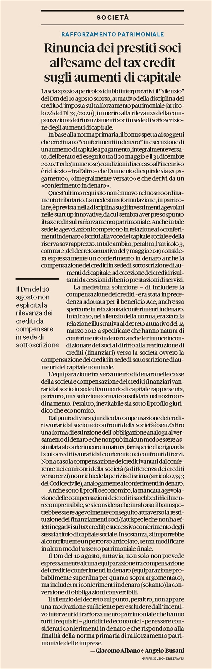 SOCIETA' - Aumenti di capitale agevolati con il tax credit 