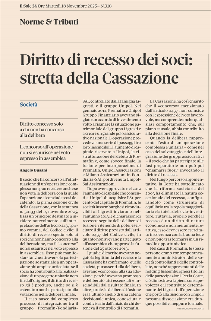 SOCIETA' - Diritto di recesso del socio in caso di operazioni complesse