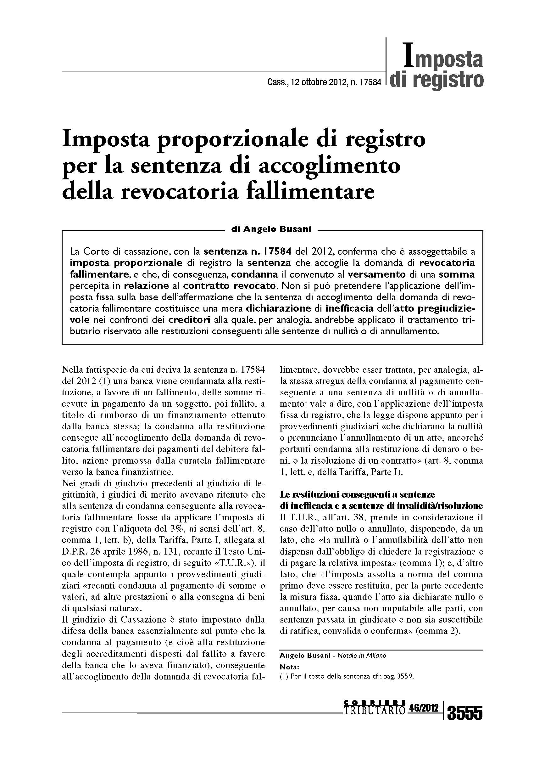 Imposta Di Registro Sentenza Di Revocatoria Fallimentare