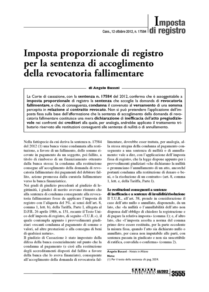 IMPOSTA DI REGISTRO - Sentenza di revocatoria fallimentare