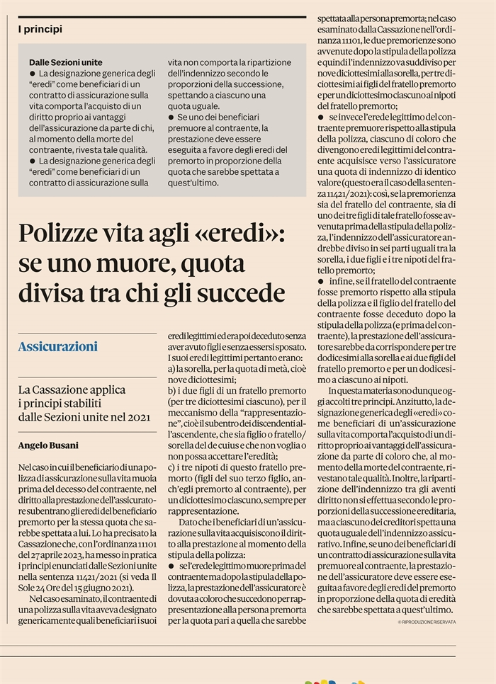 POLIZZA VITA - Se il beneficiario premuore al contraente