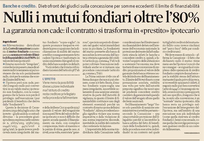 MUTUO - Nullo il mutuo fondiario eccedente l'80% del valore del bene ipotecato