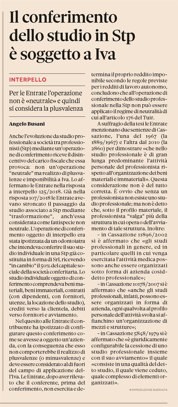 SOCIETA' TRA PROFESSIONISTI - Soggetto a Iva il conferimento dello Studio in società