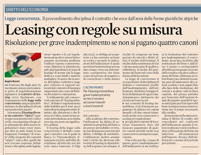 LEASING - La nuova regolamentazione del contratto di leasing finanziario 