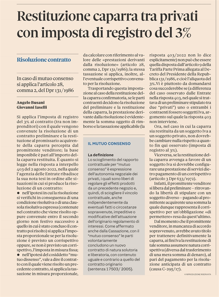 CONTRATTO PRELIMINARE - Registro al 3% per la restituzione della caparra