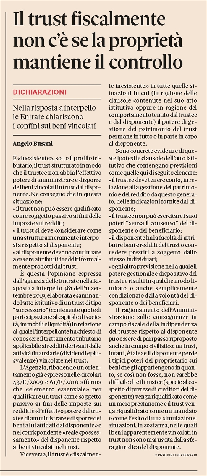 TRUST - Trust inesistente se il trustee non ha il potere di amministrare