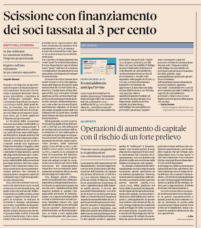 SCISSIONE - Imposta di registro proporzionale se c'è finanziamento soci