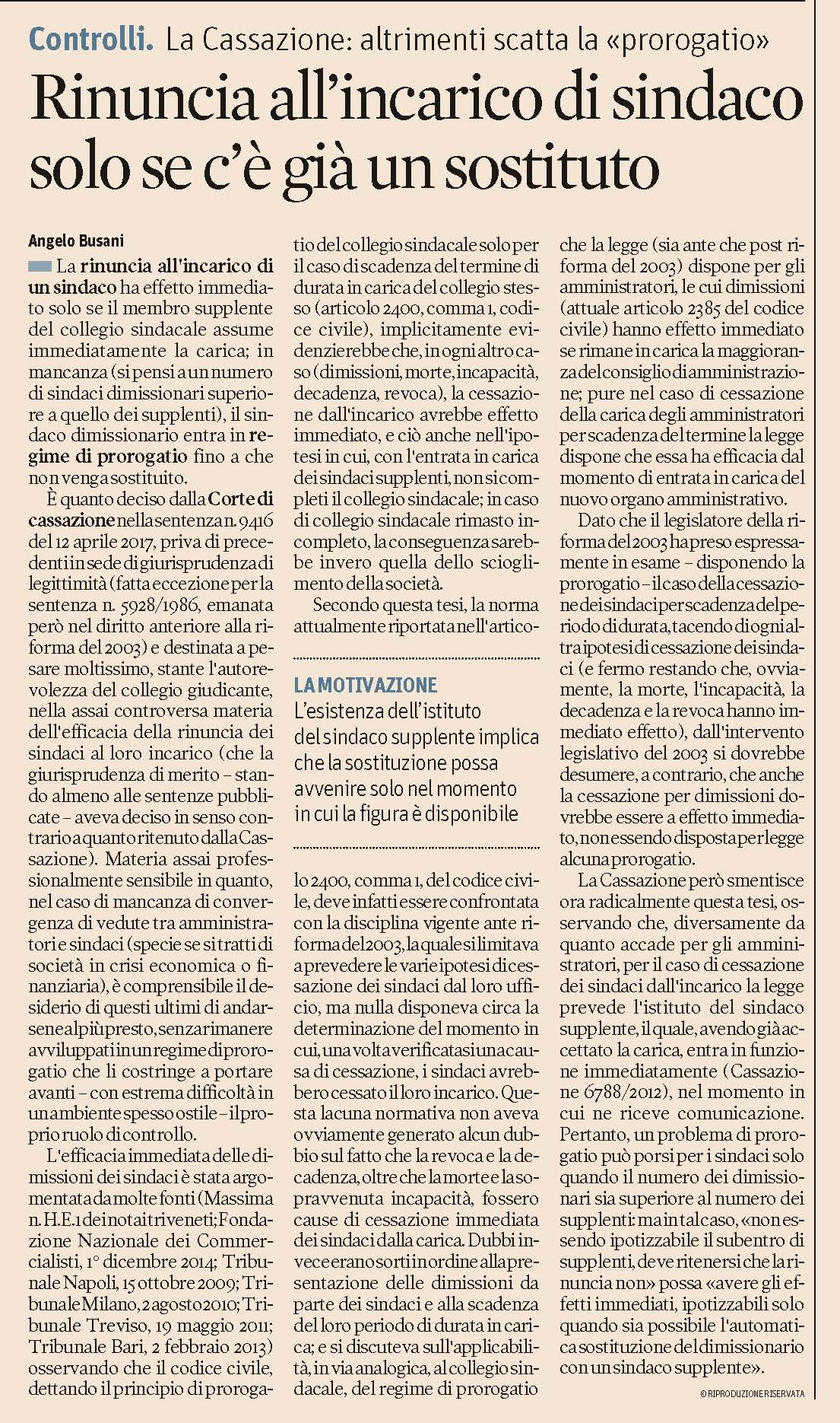 Fac simile lettera dimissioni collegio sindacale