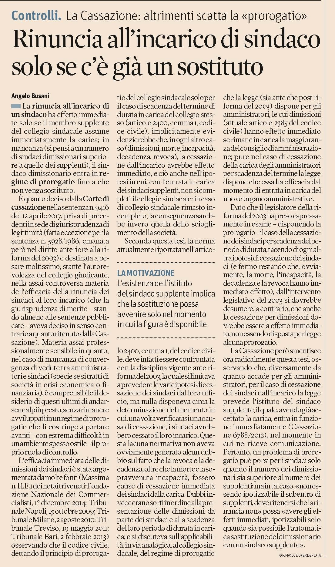 SOCIETA' - Dimissioni di un membro del Collegio Sindacale ...