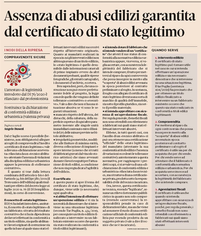 COMPRAVENDITA - Edifici liberi da abusi col certificato di stato legittimo