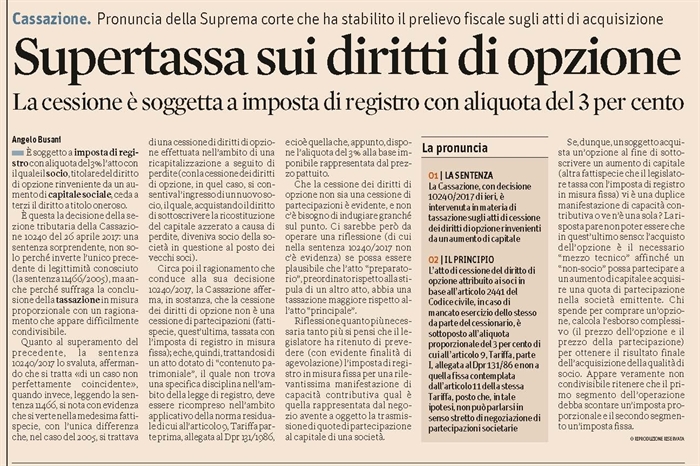 IMPOSTA DI REGISTRO - Cessione del diritto di opzione tassata con aliquota 3%