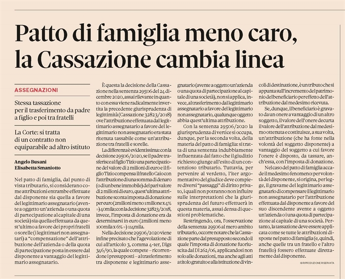 PATTO DI FAMIGLIA - Attribuzioni tutte tassate come se effettuate in linea retta