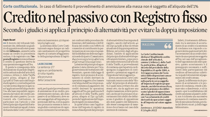 IMPOSTA DI REGISTRO - Imposta fissa per il decreto di ammissione allo stato passivo di un credito derivante da una prestazione Iva