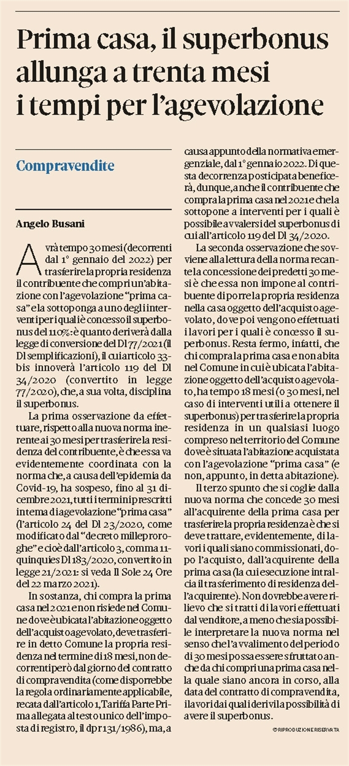 PRIMA CASA - 30 mesi per spostare la residenza in caso di Superbonus