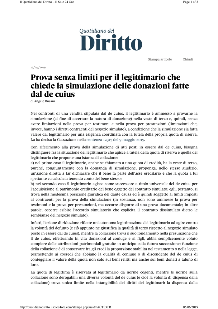 EREDITA' - La prova della simulazione delle donazioni fatte dal de cuius