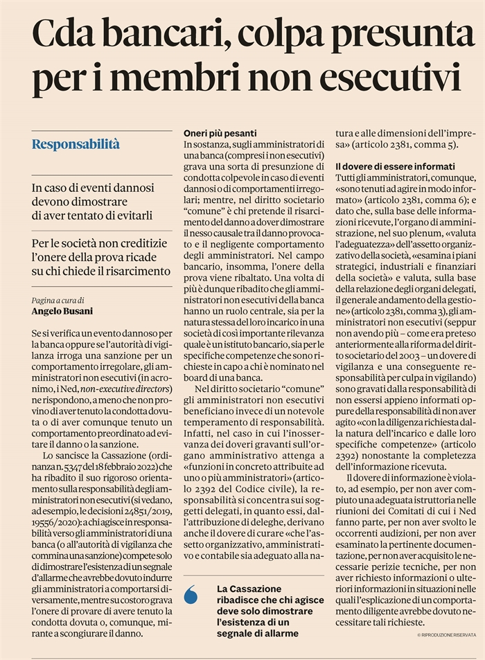 CdA BANCARIO - Quando c'è la responsabilità degli amministratori non esecutivi