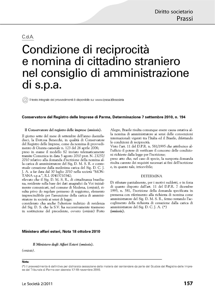 SOCIETA' - Nomina di persona straniera in CdA di società italiana - Condizione di reciprocità